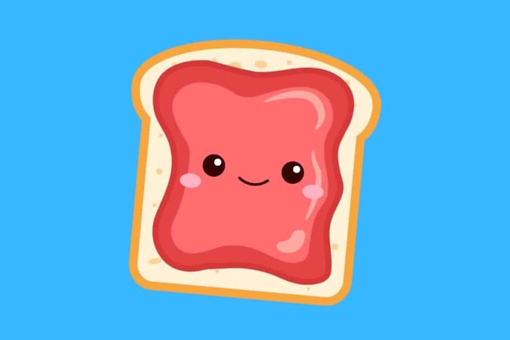 Cartoon graphic of white bread with jam and a face on blue background.