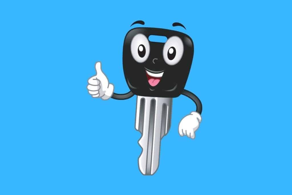 Cartoon graphic of car key doing thumbs up sign on blue background.