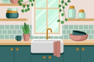 Cartoon graphic of kitchen sink and bench.