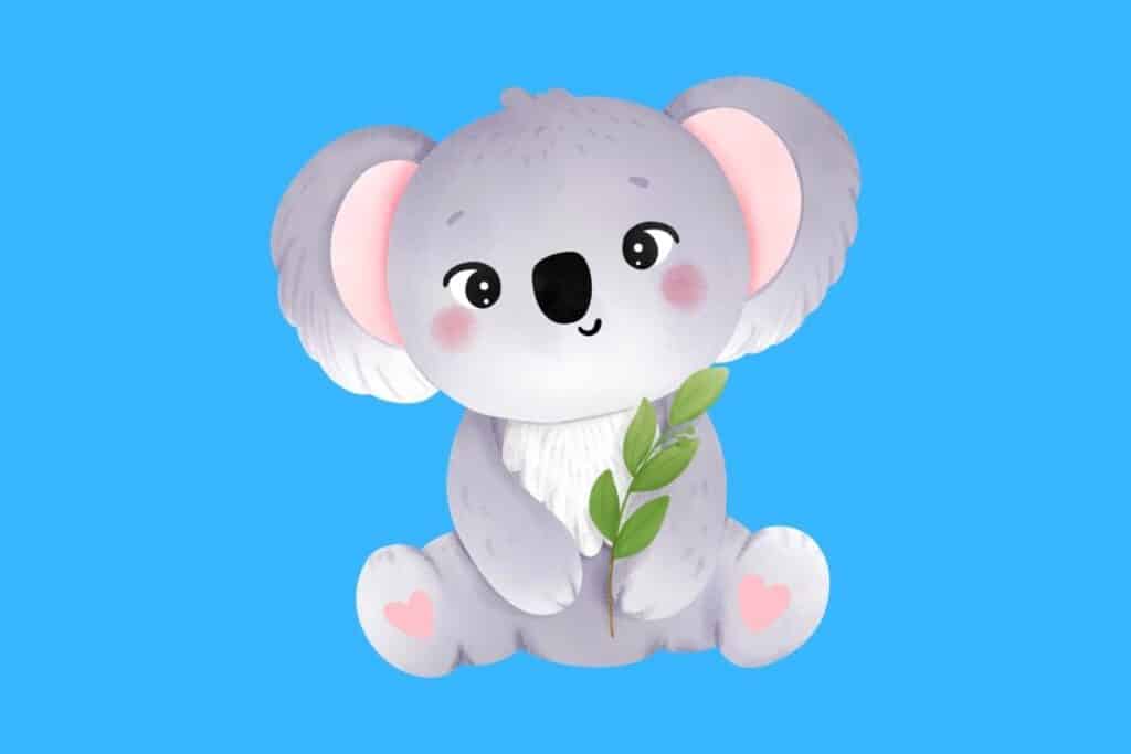 Cartoon graphic of koala holding leaves on blue background.