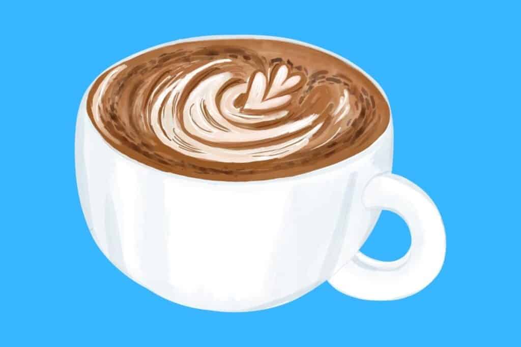 Cartoon graphic of latte with pattern in coffee on blue background.