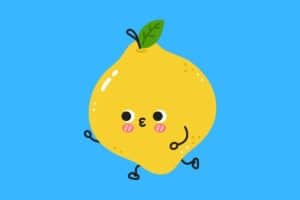 Cartoon graphic of running lemon with face on blue background.