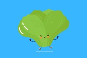 Cartoon graphic of lettice doing peace symbols with hands on blue background.