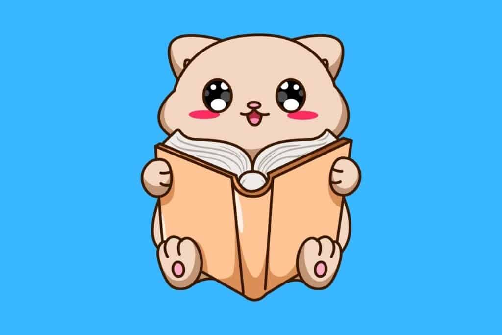 Cartoon graphic of cute cat reading a book on blue background.