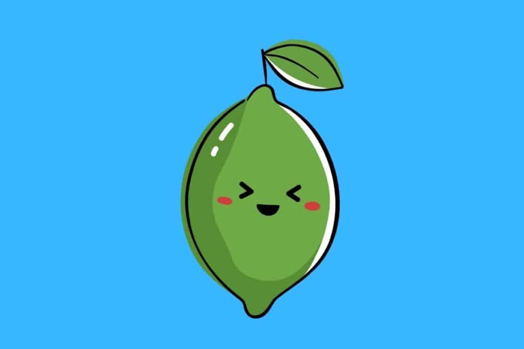 Cartoon graphic of smiling lime with eyes closed on blue background.