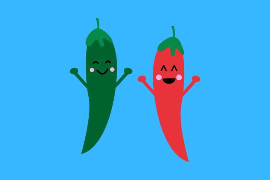 Cartoon graphic of jalapeno and chili pepper smiling on blue background.