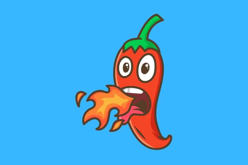 Cartoon graphic of a red chili with fire coming out of its mouth on blue background.