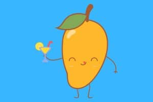 Cartoon graphic of a mango with a mango cocktail on blue background.