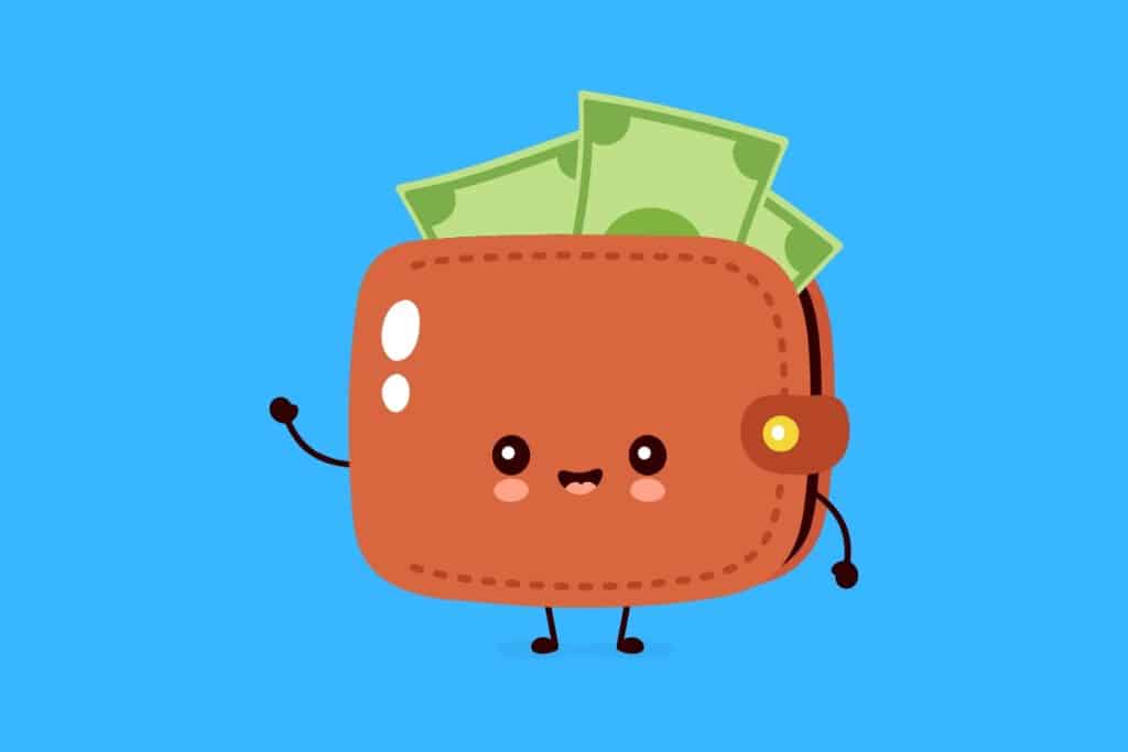 Cartoon graphic of a waving wallet with money coming out the top on blue background.