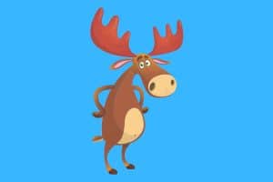 Cartoon graphic of a funny moose standing on blue background.