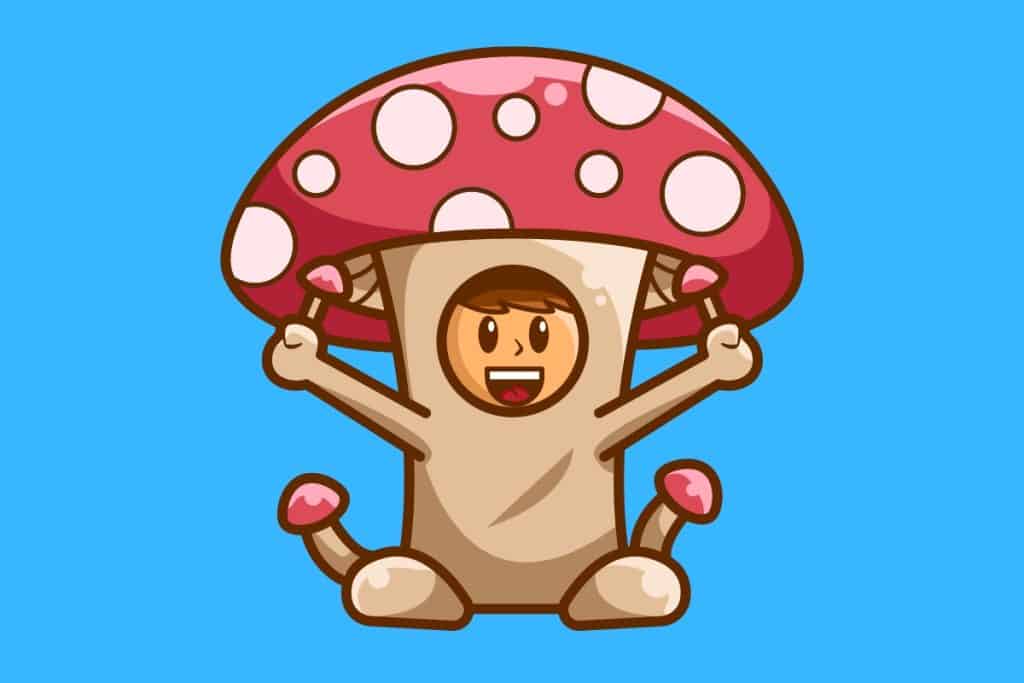 Cartoon graphic of a boy in a mushroom costume on blue background.