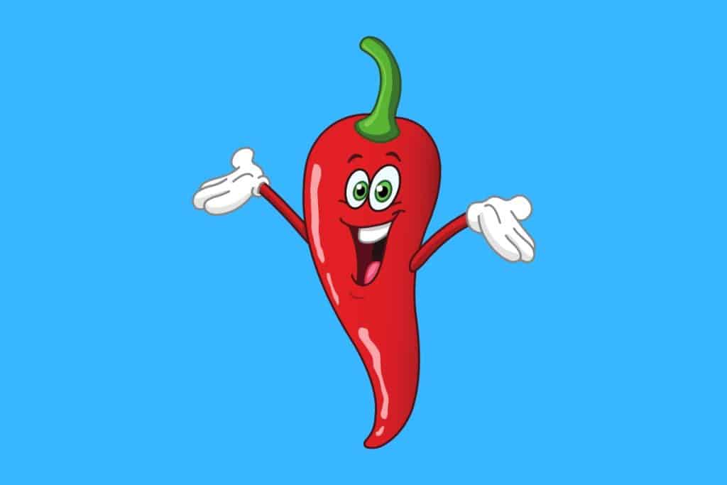 Cartoon graphic of red pepper with arms and smiling on blue background.