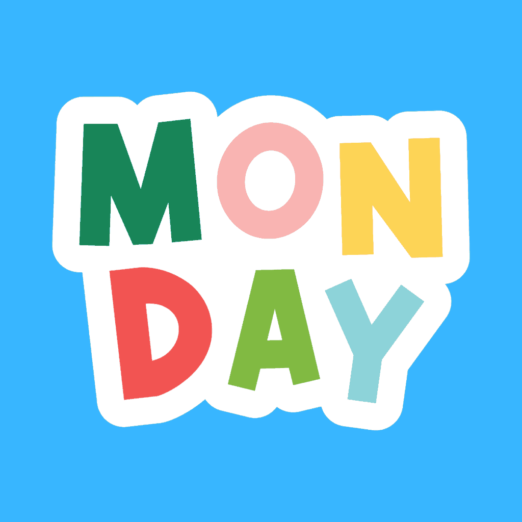 Cartoon graphic of sign saying Monday on blue background.