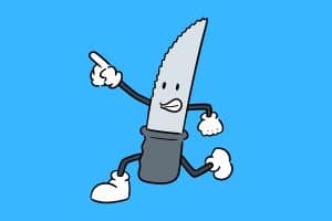 Cartoon graphic of serrated knife with face pointing at something while running on blue background.