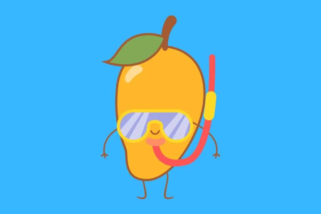 Cartoon graphic of a mango with a snorkel and goggles on blue background.