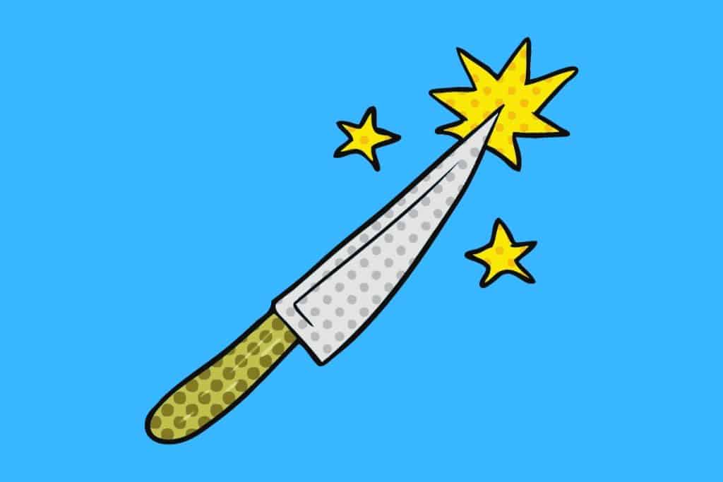 Cartoon graphic of a knife with yellow star at point on blue background.