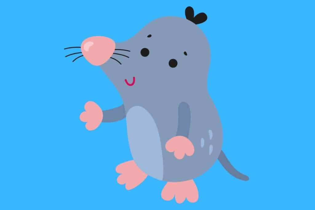 Cartoon graphic of a mole with pink nose on blue background.