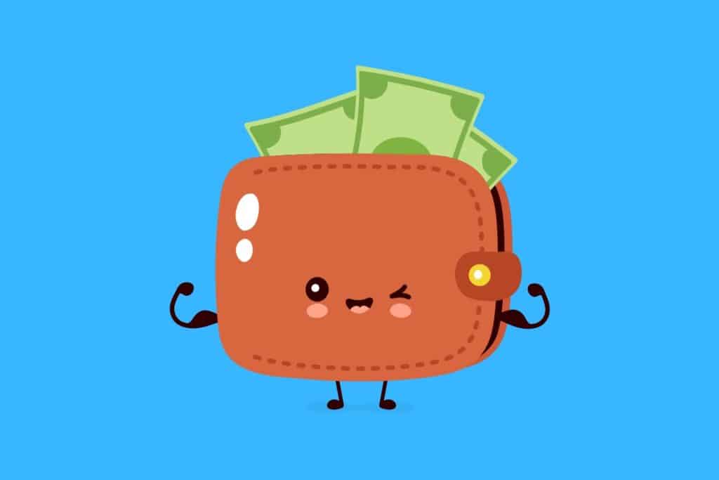 Cartoon graphic of a wallet with money and winking face showing strong arms on blue background.