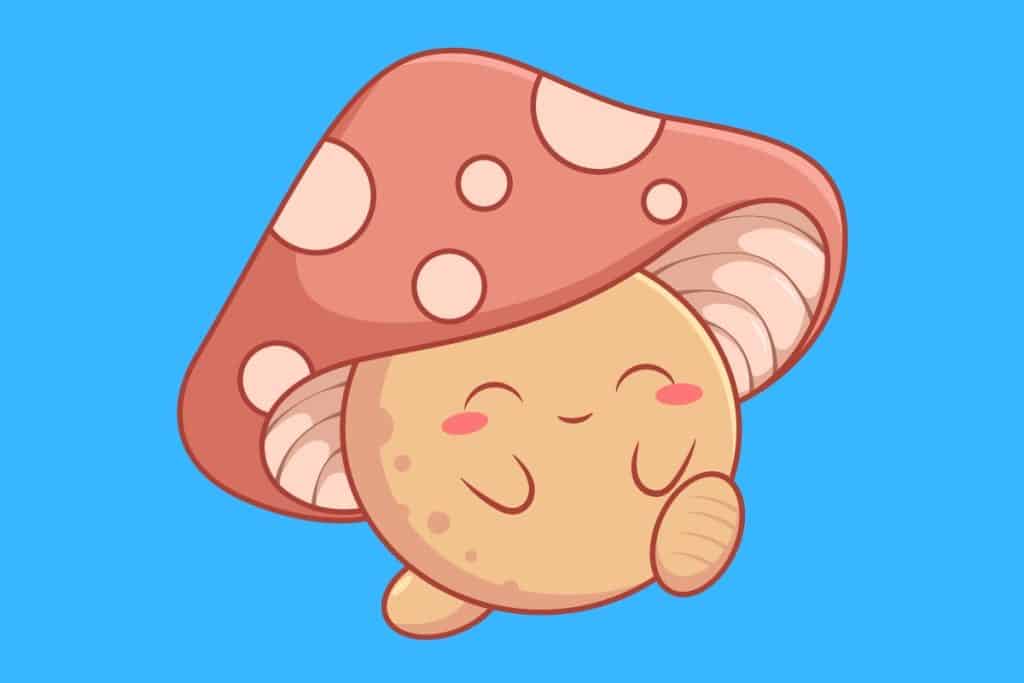 Cartoon graphic of a cute smiling mushroom on blue background.