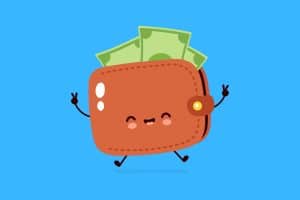 Cartoon graphic of a jumping smiling wallet with money on blue background.