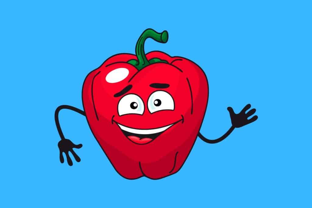 Cartoon graphic of a red capsicum pepper with arms and an awkward smile on blue background.