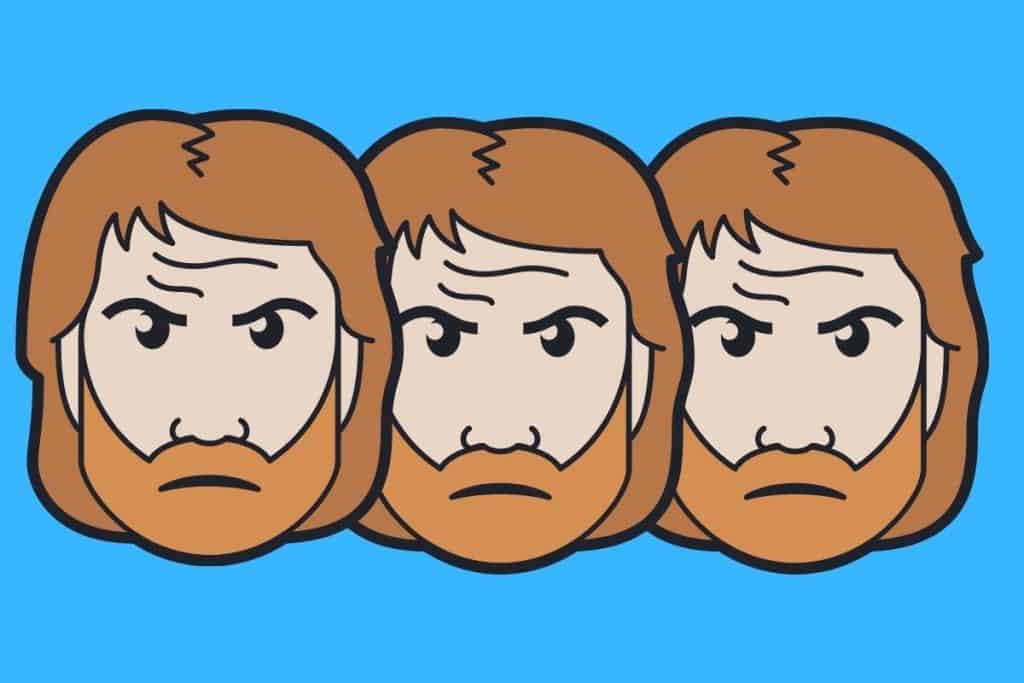 Cartoon graphic of 3 large Chuck Norris head copies on a blue background.