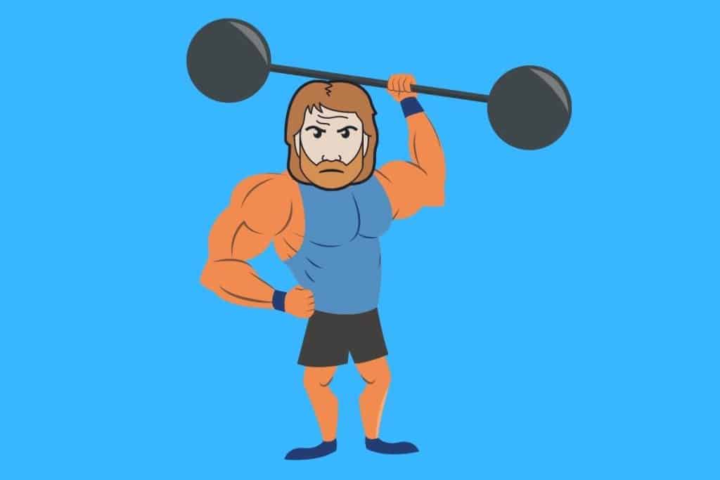 Cartoon graphic of a strongman lifting weights with a Chuck Noriss head on a blue background.