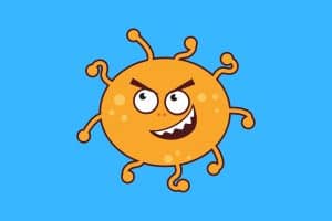 Cartoon graphic of a naughty-looking orange coronavirus on a blue background.