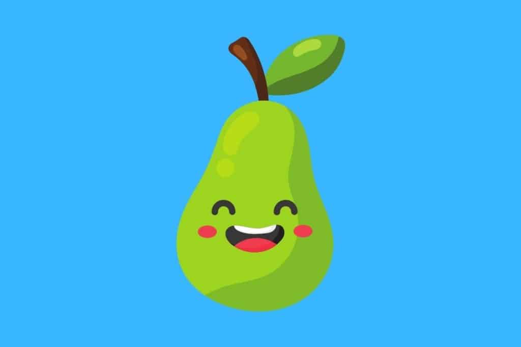 Cartoon graphic of a smiling pear with eyes closed on a blue background.