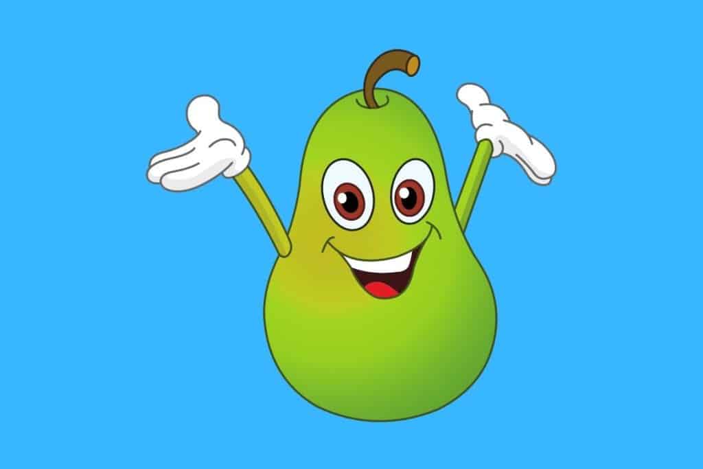Cartoon graphic of a smiling pear with arms in the air on a blue background.