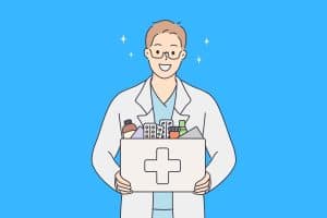 Cartoon graphic of a man holding lots of medicine at a pharmacy on a blue background.
