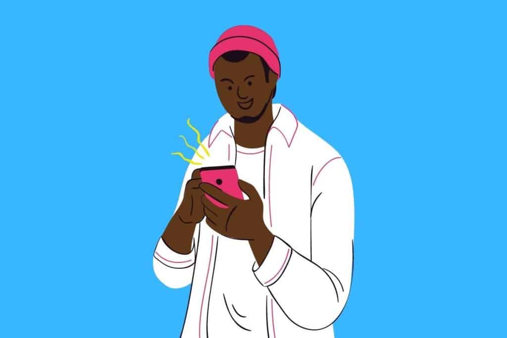 Cartoon graphic of a man holding a pink phone and wearing a pink hat on a blue background.