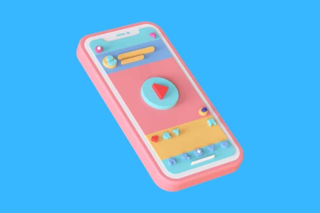 Cartoon graphic of an isometric phone with a play symbol in the middle of the screen on a blue background.