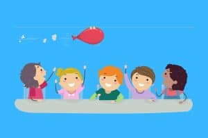 Cartoon graphic of kids learning about physics by letting a balloon go on a blue background.