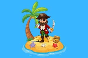 Cartoon graphic of a pirate on a very small island with his treasure chest on a blue background.