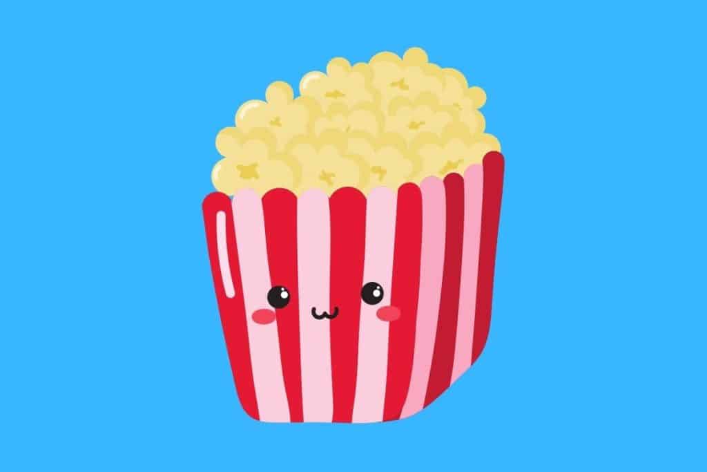 Cartoon graphic of a smiling box of popcorn with lots of popcorn on a blue background.