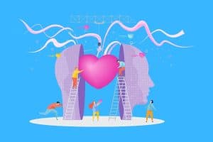 Cartoon graphic of head split in half showing symbols of emotional psychology and little people around it on a blue background.