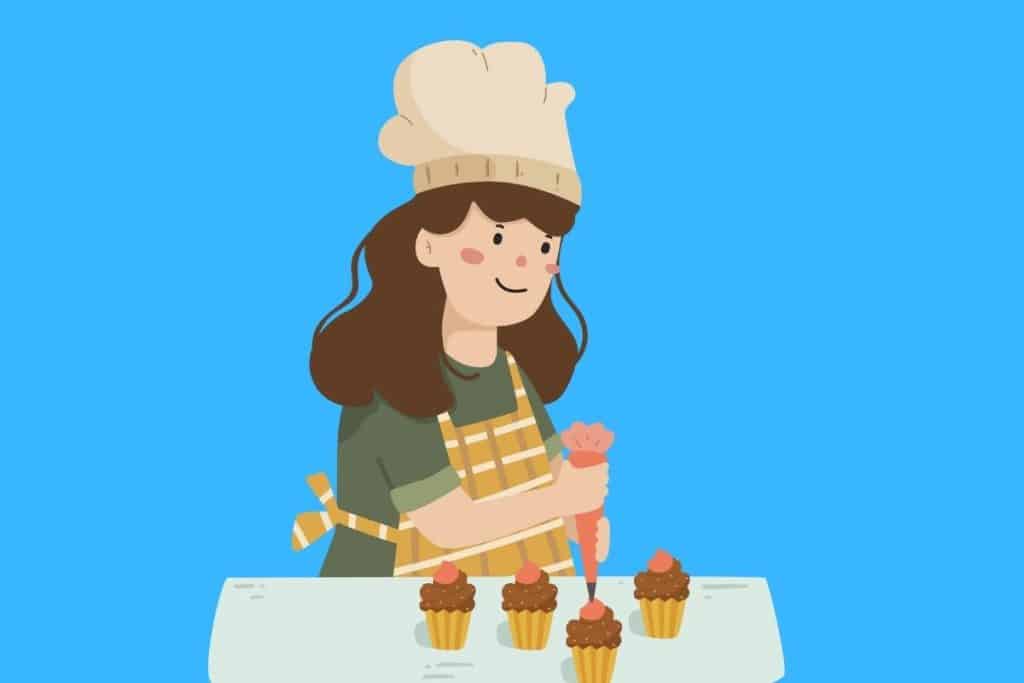 Cartoon graphic of a baker adding icing to cupcakes on a blue background.