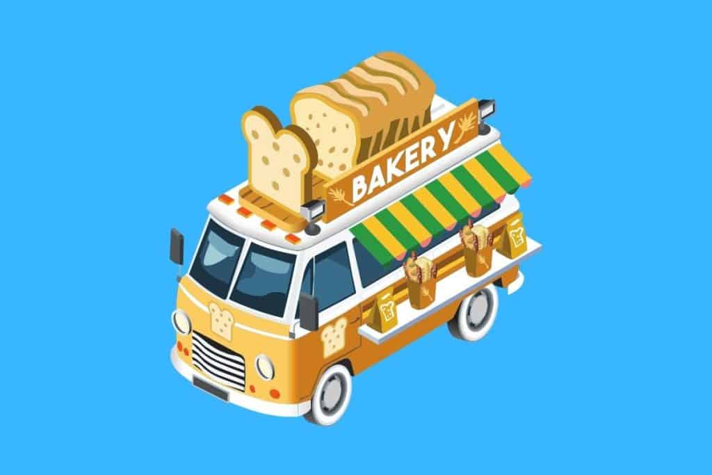 Cartoon graphic of a bakery van with a large sign that looks like a loaf of bread on top on a blue background.