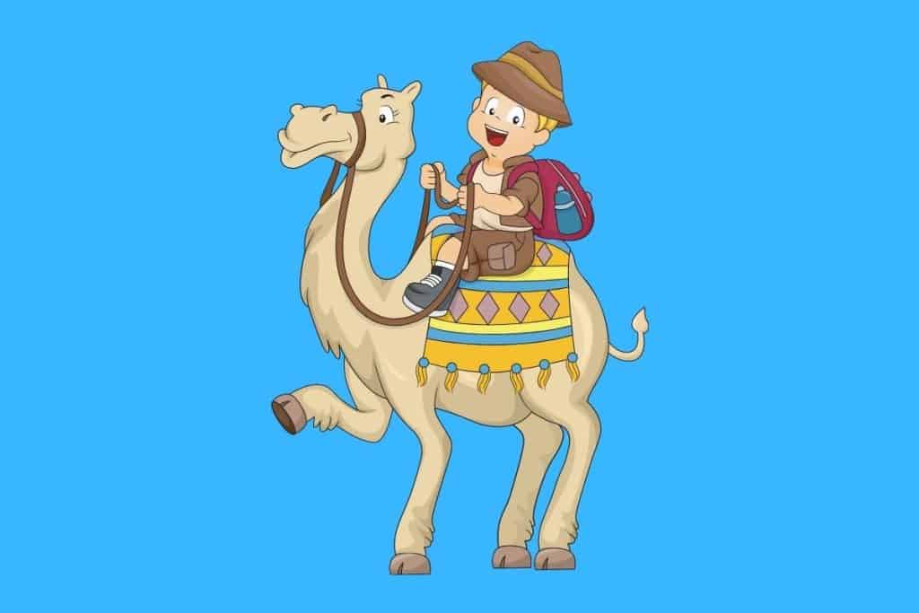 Cartoon graphic of a smiling boy riding a camel on a blue background.
