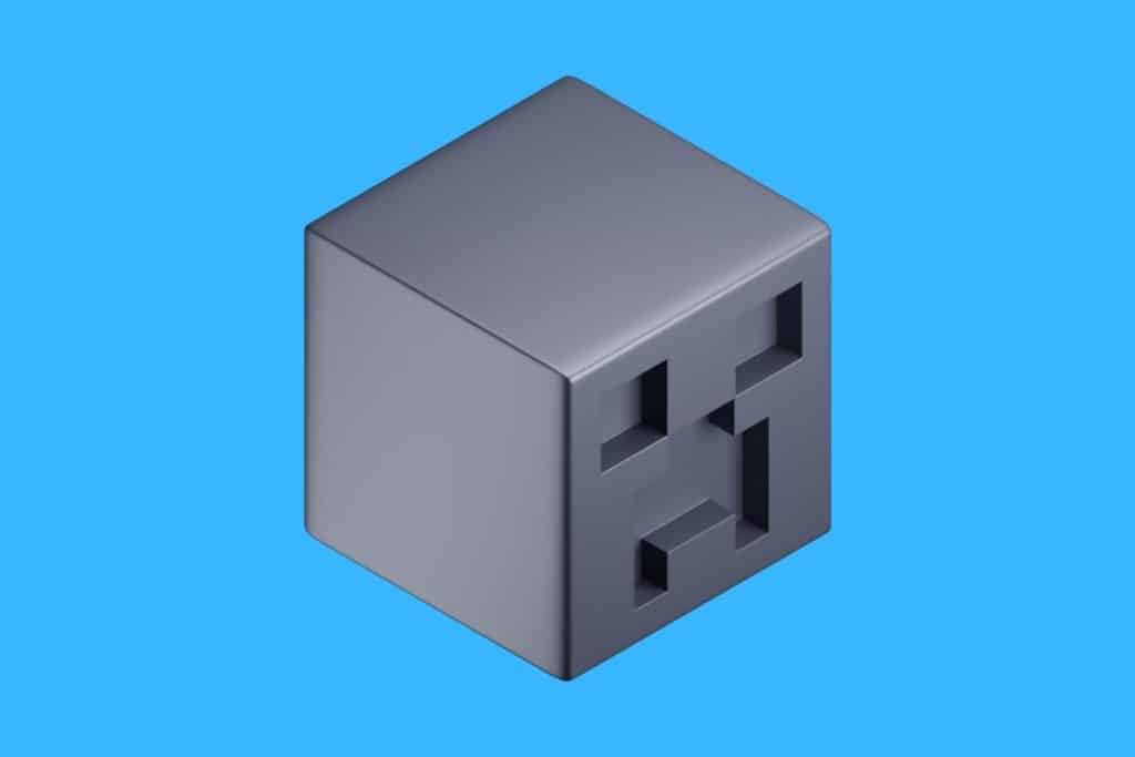 Cartoon graphic of a steel Minecraft creeper head on a blue background.