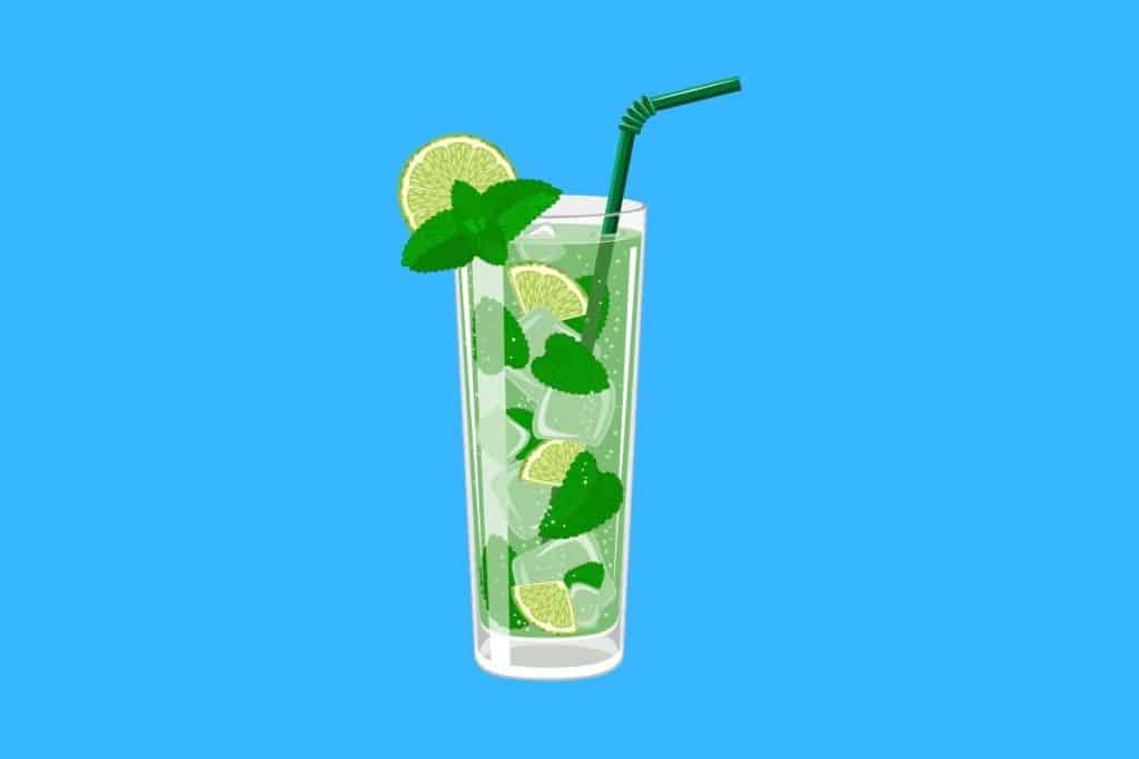 Cartoon graphic of a tall glass with lime and mint drink on a blue background.