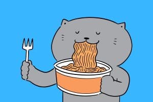 Cartoon graphic of a big cat eating noodles with a fork in hand on a blue background.