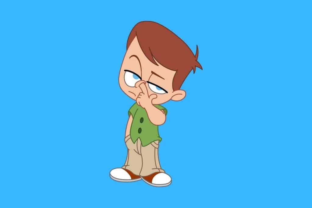 Cartoon graphic of a young boy with his finger up his nose on a blue background.