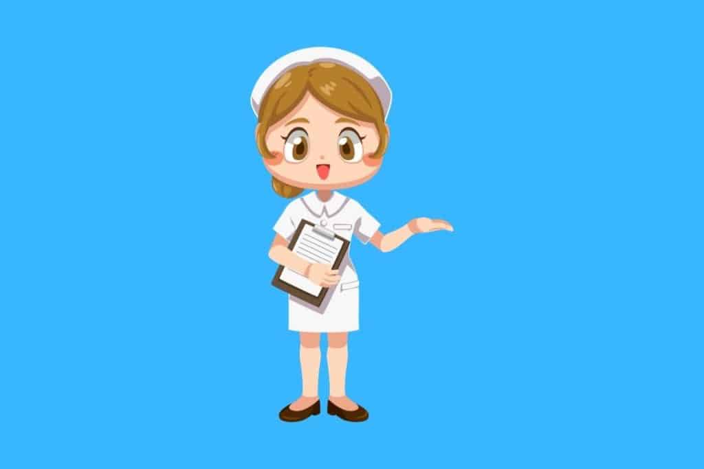 Cartoon graphic of a female nurse with her hand out on a blue background.