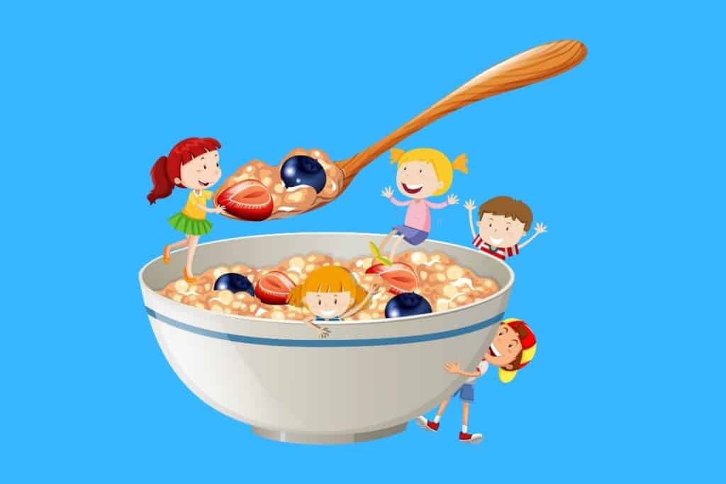 Cartoon graphic of lots of kids playing in a giant bowl of oatmeal and berries on a blue background.