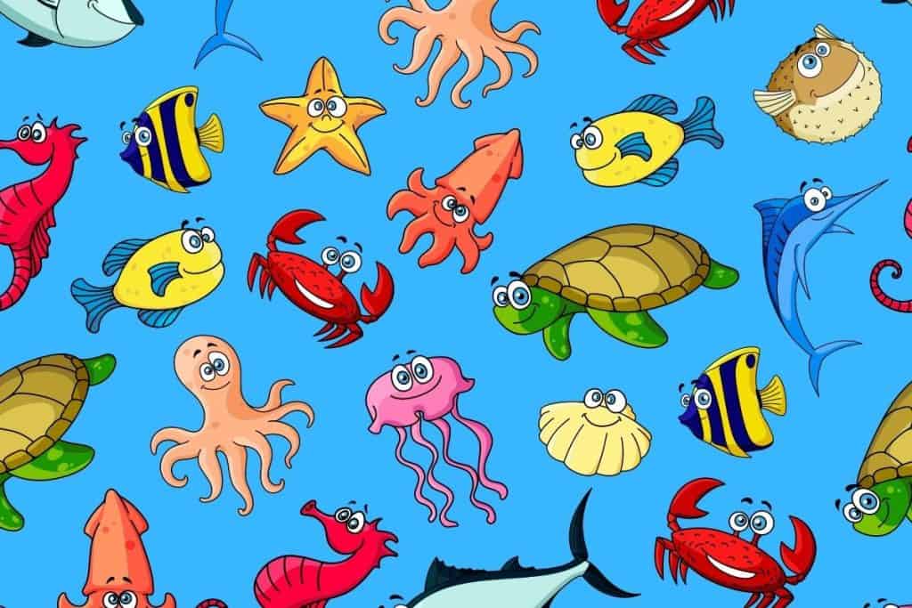 Cartoon graphic of lots of ocean animals on a blue background.
