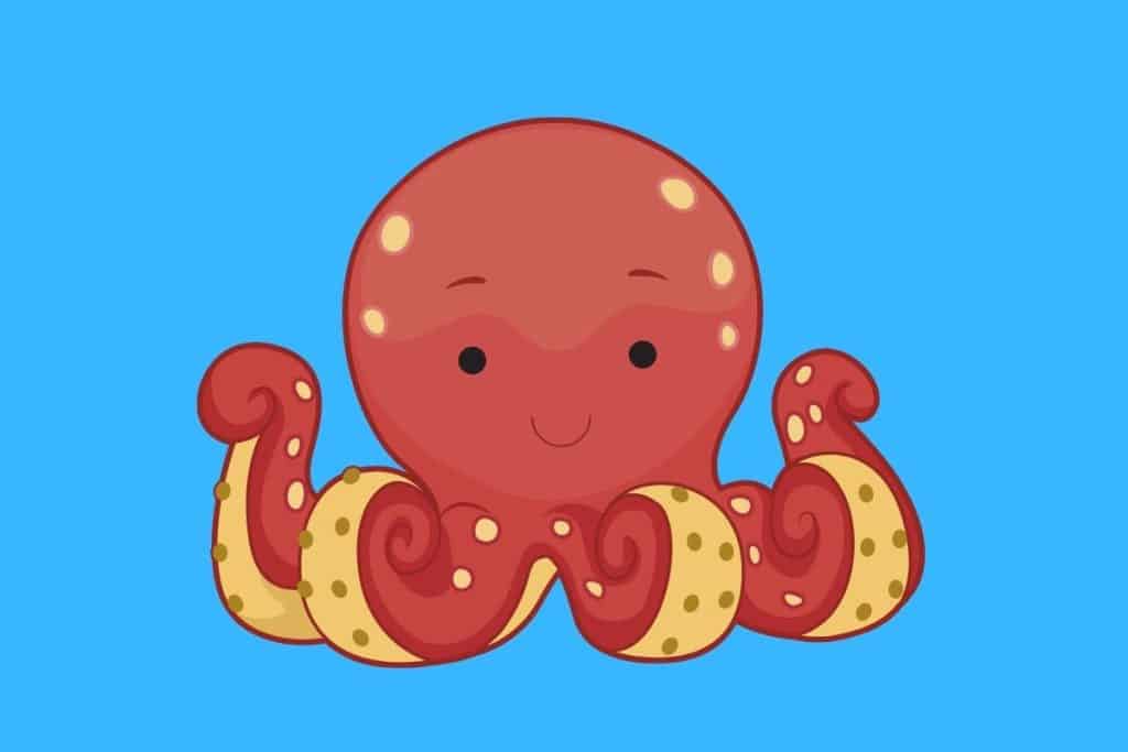 Cartoon graphic of a red smiling octopus on a blue background.