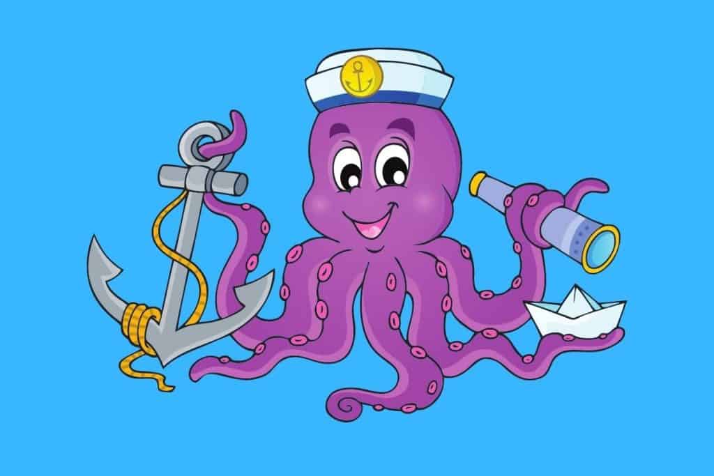 Cartoon graphic of an octopus with sailor hat and anchor on a blue background.