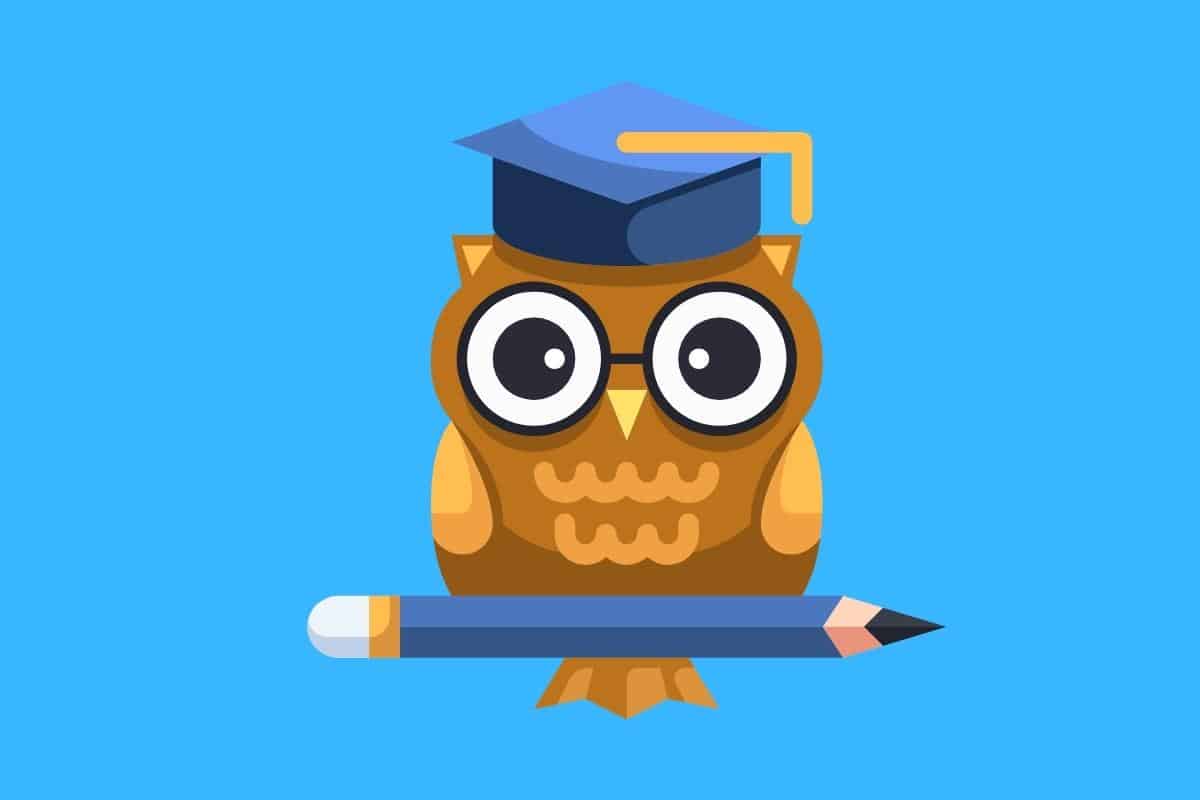 Cartoon graphic of and owl with an academic hat and a pencil on a blue background.